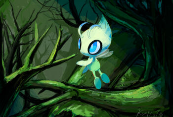 blue_eyes branch bright_pupils celebi closed_mouth commentary_request floating forest full_body gen_2_pokemon highres legendary_pokemon miyabi_drops_kan mythical_pokemon nature nintendo no_humans outdoors partial_commentary pokemon pokemon_(creature) signature solo tree white_pupils