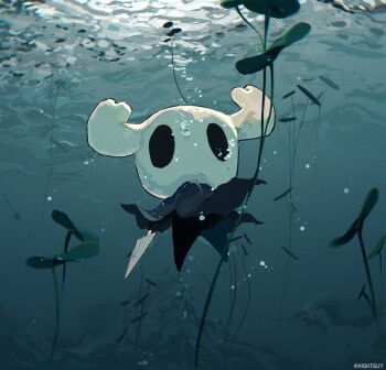 Rule 34 | 1other, artist name, ben-day dots, black eyes, bubble, commentary, grey cloak, highres, hightguy, holding, holding weapon, hollow knight, horns, knight (hollow knight), looking at viewer, nail (hollow knight), other focus, plant, screentones, solo, symbol-only commentary, underwater, weapon, wide shot