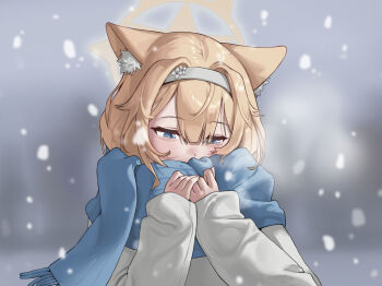 1girl absurdres alternate_costume animal_ear_fluff animal_ears blue_archive blue_eyes blue_scarf blurry blurry_background cat_ears cat_girl center-flap_bangs covered_mouth enpera ewhale99 hair_between_eyes hairband halo hashtag-only_commentary highres long_sleeves looking_down mari_(blue_archive) orange_hair scarf scarf_over_mouth sleeves_past_wrists snowing solo sweater upper_body white_hairband white_sweater yellow_halo