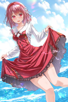 1girl absurdres blue_sky blush breasts clothes_lift cloud collarbone commentary_request dress dress_lift fire_emblem fire_emblem_engage hair_ribbon hairband highres lapis_(fire_emblem) lifting_own_clothes long_sleeves medium_breasts nintendo ocean open_mouth outdoors pink_eyes pink_hair red_dress red_eyes red_hairband ribbon short_hair sky smile solo thighs two-tone_hairband wade_(njud8343) water white_ribbon