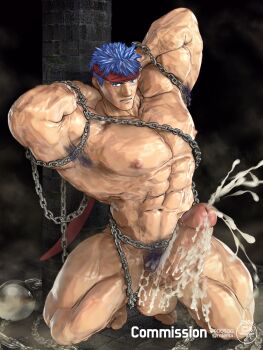 1boy 3d abs alternate_muscle_size armpit_hair armpits arms_behind_head artist_name bara blue_eyes blue_hair bound chain chained commission completely_nude cum cum_on_body cum_on_penis doosoo ejaculation erection fire_emblem fire_emblem:_radiant_dawn handsfree_ejaculation highres huge_pectorals huge_penis ike_(fire_emblem) kneeling male_focus male_pubic_hair muscular muscular_male nintendo nipples nude pectorals penis pubic_hair restrained short_hair solo testicles thick_thighs thighs twitter_username