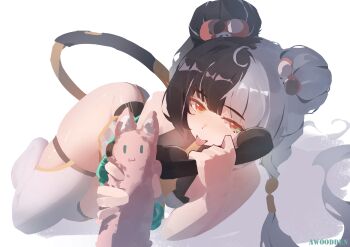 1girl absurdres artist_name awoodden bare_shoulders black_hair chakram character_doll china_dress chinese_clothes dialyn_(zenless_zone_zero) doll double_bun dress hair_bun hair_extensions hashtag-only_commentary highres holding holding_phone holding_stuffed_toy long_hair looking_at_viewer multicolored_hair no_shoes phone ring_hair_extensions shadow simple_background sleeveless solo split-color_hair stuffed_animal stuffed_toy thighhighs tongue tongue_out weapon white_background white_hair white_thighhighs wire yellow_eyes zenless_zone_zero zhao_(zenless_zone_zero)