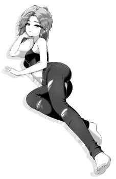 1girl absurdres arm_rest ass bare_arms bare_shoulders barefoot black_camisole breasts camisole casual commentary crop_top denim drop_shadow english_commentary expressionless eyelashes feet full_body greyscale half-closed_eyes head_rest highres iris_summer jeans knee_up legs leo_queval long_hair looking_at_viewer lying medium_breasts midriff monochrome navel on_side pants parted_bangs parted_lips ponytail simple_background soles solo toes torn_clothes torn_jeans torn_pants tsurime umi_and_iris white_background