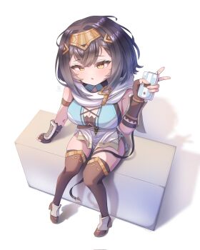 1girl amber_(stella_sora) armpit_crease black_gloves black_hair black_thighhighs breasts cellphone cleavage expressionless flip_phone from_above gloves hairband highres holding holding_phone large_breasts looking_at_viewer mixed-language_commentary open_mouth phone sekaaricc shadow short_hair simple_background sitting solo stella_sora thighhighs v white_background yellow_eyes