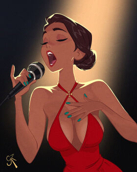 Rule 34 | 1girl, adversarial noise, alt text, aqua nails, artist name, bare shoulders, breasts, brown hair, closed eyes, collarbone, commentary, dress, english commentary, galmesh rosewood, hair bun, halter dress, halterneck, highres, holding, holding microphone, large breasts, microphone, music, nail polish, o-ring dress, open mouth, original, red dress, red lips, shure sm58, simple background, singing, single hair bun, solo