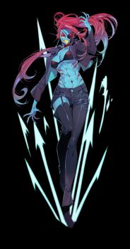 1girl abs alternate_costume asymmetrical_pants black_bra black_jacket blue_skin bra claws colored_sclera colored_skin colored_teeth commentary_request energy_spear eyepatch fingernails fins fish_girl full_body garter_straps gills head_fins highres jacket korean_commentary looking_at_viewer muscular muscular_female red_hair sharp_fingernails sharp_teeth simika25 single_detached_legging smile solo teeth undertale underwear undyne utdr_(toby_fox) yellow_sclera yellow_teeth