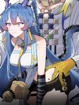 1boy 1girl arknights black_gloves black_shorts blonde_hair blue_hair braid breasts collarbone commentary dragon_girl dragon_horns dragon_tail eastern_dragon_horns eastern_dragon_tail elbow_gloves genderswap genderswap_(ftm) gloves gourd grey_eyes highres holding holding_gourd horns large_breasts leaning_forward ling_(arknights) long_hair multicolored_hair paid_reward_available pointy_ears purple_hair shirt short_shorts shorts shu_(arknights) siblings streaked_hair tail two-tone_hair white_hair white_shirt yunomi_(yunomi1129)