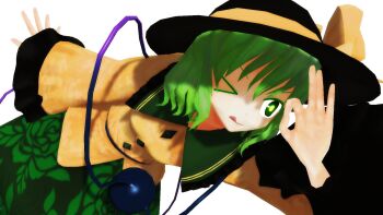 Rule 34 | 1girl, ;q, bow, buttons, collared shirt, commentary, diamond button, floral print, frilled shirt collar, frilled sleeves, frills, full body, furui, glowing, glowing eyes, green eyes, green hair, green skirt, hair between eyes, hat, hat bow, hat ribbon, heart, heart of string, highres, komeiji koishi, long sleeves, looking at viewer, mikumikudance (medium), ok sign, one eye closed, ribbon, rose print, shirt, simple background, skirt, sleeves past wrists, solo, third eye, tongue, tongue out, touhou, white background, wide sleeves, yellow ribbon, yellow shirt