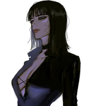 1girl black_dress black_hair blue_eyes blunt_bangs breasts cleavage closed_mouth dress eyelashes highres junkboh long_sleeves looking_ahead nico_robin one_piece profile simple_background solo upper_body white_background