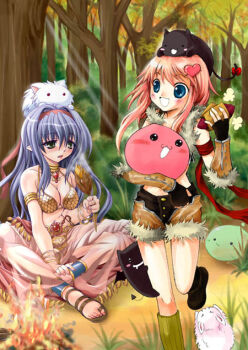 2000s_(style) 2girls :3 :d animal animal_on_head anklet armband armlet bare_shoulders bikini black_cat black_gloves black_shorts blue_eyes blue_hair bonfire bracelet breasts brown_shorts cat cat_on_head cleavage creature dancer dancer_(ragnarok_online) day demon deviruchi drooping_cat fingerless_gloves fingernails fire food forest fur-trimmed_shorts fur_trim gem gloves gold gold_bikini grass green_eyes green_socks hair_between_eyes hair_intakes hair_ornament hairband hand_on_own_ankle harem_pants heart heart_hair_ornament holding holding_creature holding_food indian_style jewelry leg_up light_blue_hair light_rays long_hair lunatic_(ragnarok_online) medium_breasts mio_(fastest_lap) multiple_girls nature neck_ring on_ground on_head open_mouth outdoors pants pink_hair pink_hairband pink_pants pointy_ears poporing poring rabbit rabbit_on_head ragnarok_online red_armband red_gemstone roasted_sweet_potato sandals see-through_clothes see-through_pants sequins shorts sitting slime_(creature) smile sniper_(ragnarok_online) socks standing standing_on_one_leg steam sweet_potato swimsuit toenails tree two-tone_shorts white_rabbit_(animal)