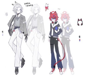 2boys absurdres adapted_costume ahoge animal_charm animal_ear_headphones animal_ears aotsuki_eito armband belt belt_buckle bespectacled black_bag black_belt black_gloves black_hair black_pants black_shoes blue_eyes buckle cat_ear_headphones cat_ears character_charm charm_(object) chinese_text closed_mouth collared_shirt color_guide crossbody_bag drawstring expressionless extra_ears fake_animal_ears fanny_pack full_body glasses gloves grey_hair grey_jacket grey_necktie grey_sweater_vest hair_between_eyes hair_ornament hairclip hand_on_own_hip headphones headphones_around_neck height_difference highres hood hood_down hoodie ice_cream_cone jacket jacket_over_hoodie kemonomimi_mode male_focus multicolored_hair multiple_boys necktie open_clothes open_jacket pants plaid_clothes plaid_necktie pocket purple_eyes purple_ribbon rabbit_charm rabbit_ears red-framed_eyewear red_hair red_shoes ribbon semi-rimless_eyewear shirt shoes short_hair sneakers star_(symbol) star_hair_ornament streaked_hair sumino_takumi sweater_vest teardrop-framed_glasses the_hundred_line_-last_defense_academy- thigh_strap translation_request two-tone_hair white_armband white_background white_hoodie white_pants white_shirt yizooo