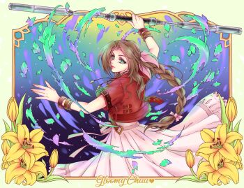1girl aerith_gainsborough arm_belt artist_name bracelet braid braided_ponytail brown_hair choker closed_mouth cowboy_shot cropped_jacket dancing dress falling_petals fighting_stance final_fantasy final_fantasy_vii final_fantasy_vii_remake flower flower_choker gold_bangle green_eyes hair_ribbon highres holding holding_staff jacket jewelry lily_(flower) long_dress long_hair mroczniak_(gloomy_chuu) multiple_bracelets parted_bangs petals pink_dress pink_lips pink_ribbon red_jacket ribbon short_sleeves sidelocks silver_bangle single_braid solo staff yellow_flower