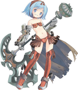 1girl absurdres armor axe battle_axe bikini_armor blue_eyes blue_hair boots breast_pocket choker commentary_request full_body gauntlets grin hairband heart highres lace-up_boots leather_bikini looking_at_viewer moetan navel nijihara_ink pastel_ink pocket pop_(electromagneticwave) red_choker red_hairband short_hair simple_background smile solo standing stomach teeth thigh_boots weapon white_background
