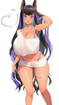 1girl absurdres alternate_costume animal_ears armlet armpits azur_lane black_hair bra bracelet breasts cleopatra_(azur_lane) dark-skinned_female dark_skin gold_armlet gold_bracelet gold_collar gold_thighlet hand_in_own_hair highres jackal_ears jackal_girl jewelry large_breasts long_hair looking_at_viewer multicolored_hair panties purple_bra purple_eyes purple_panties rein_akane shirt shorts simple_background solo tan tanline thighlet underwear very_long_hair white_shirt white_shorts