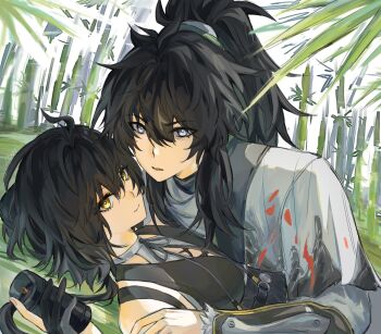 .osari 1boy 1girl bamboo bamboo_forest bare_shoulders black_dress black_gloves black_hair breast_cutout breasts closed_mouth colored_inner_hair commentary cross-laced_clothes cross-laced_dress cross-laced_top dress earrings female_rover_(wuthering_waves) forest gloves hair_ornament hair_ribbon hair_vines hairclip hetero highres jewelry looking_at_viewer low_ponytail multicolored_hair nature parallel_hairclips partially_fingerless_gloves ponytail qiuyuan_(wuthering_waves) ribbon rover_(wuthering_waves) smile symbol-only_commentary white_hair wuthering_waves yellow_eyes yellow_ribbon