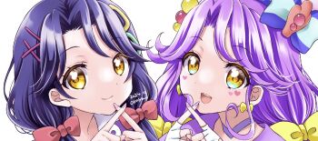 :d aozora_middle_school_uniform bow bow_earrings brooch choker closed_mouth colored_eyelashes cure_coral earrings facial_mark hair_bow heart heart_facial_mark heart_in_eye jewelry mismatched_eyelashes multiple_hair_bows multiple_persona okayashi open_mouth pearl_hair_ornament pink_bow precure purple_choker school_uniform shell_brooch smile suzumura_sango symbol_in_eye tropical-rouge!_precure x_fingers yellow_bow