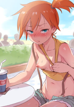 1girl :o bare_shoulders bendy_straw blush breasts collarbone cup day denim denim_shorts drinking_straw exhibitionism flashing hair_between_eyes hot medium_breasts misty_(pokemon) navel nintendo nipples one_breast_out oppai_challenge orange_hair pokemon pokemon_(anime) pokemon_(classic_anime) public_indecency short_hair short_shorts shorts side_ponytail sitting sweat table tank_top ter_(otokoter)