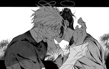 2boys arms_up blue_eyes commentary_request earrings eyelashes flower from_side getou_suguru gojou_satoru greyscale grin hair_bun halo hand_on_another's_wrist highres jewelry jujutsu_kaisen koori_icee letterboxed long_sleeves male_focus monochrome multiple_boys multiple_scars piercing scar scar_on_face shirt short_hair smile spider_lily spot_color upper_body yaoi