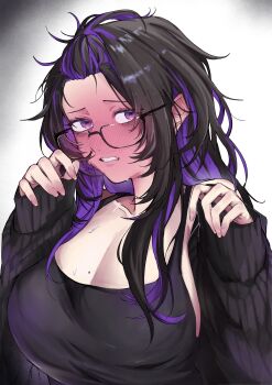 1girl absurdres bangs_pinned_back black-framed_eyewear black_cardigan black_dress black_hair blush breasts cardigan cleavage colored_inner_hair commentary_request dress full-face_blush glasses goddess_of_victory:_nikke highres k_id_s label_(nikke) large_breasts long_hair looking_at_viewer mojyo mole mole_on_breast multicolored_hair nervous_smile pink_nails purple_eyes purple_hair smile solo sweat two-tone_hair