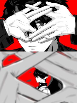 Rule 34 | 2boys, aegyo sal, akigawasou, black coat, black eyes, black hair, black shirt, black wings, blurry, blurry foreground, coat, collared shirt, colored skin, depth of field, expressionless, feathered wings, finger frame, finger frame over eye, hands up, highres, kim dokja, kitsune no mado, male focus, multiple boys, official alternate costume, omniscient reader's viewpoint, pointy ears, shirt, short hair, upper body, white coat, wings, yoo joonghyuk