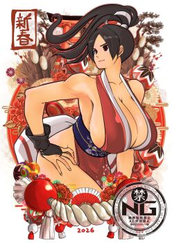 1girl bare_shoulders black_hair breasts brown_eyes brown_hair cleavage commentary_request egasumi fatal_fury hand_fan hand_on_own_hip high_ponytail highres huge_breasts japanese_clothes large_breasts long_hair ninja no_bra parted_bangs pelvic_curtain ponytail revealing_clothes rocohisaya rope sash shimenawa shiranui_mai sideboob solo thighs torii