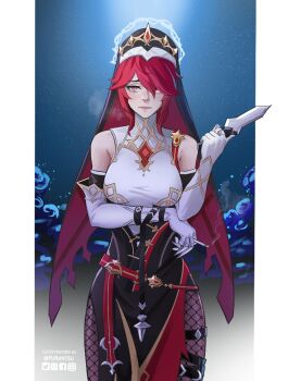 Rule 34 | 1girl, arm under breasts, artist name, bare shoulders, border, breasts, cigarette, closed mouth, commentary, cowboy shot, elbow gloves, facebook logo, fishnet pantyhose, fishnets, franzailian5, genshin impact, gloves, holding, holding cigarette, holding knife, instagram logo, knife, looking at viewer, medium breasts, outside border, pantyhose, pillarboxed, pixiv logo, red eyes, red hair, rosaria (genshin impact), short hair, sidelocks, sleeveless, solo, twitter logo, veil, white border, white gloves