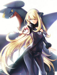 Rule 34 | 1girl, alternate eye color, black coat, black pants, black shirt, blonde hair, blue eyes, breasts, cleavage, closed mouth, coat, commentary request, creatures (company), cynthia (pokemon), floating hair, fur-trimmed coat, fur trim, game freak, garchomp, gen 4 pokemon, hair ornament, hair over one eye, highres, holding, holding poke ball, large breasts, long hair, long sleeves, mintes, nintendo, outstretched arm, pants, poke ball, poke ball (basic), pokemon, pokemon (creature), pokemon dppt, revision, shirt, smile