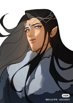 1boy black_hair blue_eyes circlet elf eyelashes fingolfin floating_hair gem grey_eyes issa_crimson jewelry long_hair male_focus parted_lips pointy_ears simple_background solo source_request teeth the_silmarillion tolkien's_legendarium upper_body upper_teeth_only white_background