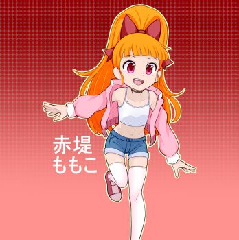 Rule 34 | 1girl, absurdres, akazutsumi momoko, camisole, commentary, denim, denim shorts, english commentary, flat chest, hair ribbon, highres, jacket, long hair, looking at viewer, navel, oozutsucannon, open mouth, pink eyes, pink jacket, ponytail, powerpuff girls z, red background, red ribbon, red shoes, ribbon, shoes, short shorts, shorts, smile, solo, standing, standing on one leg, stomach, teeth, thighhighs, upper teeth only, white camisole, white thighhighs