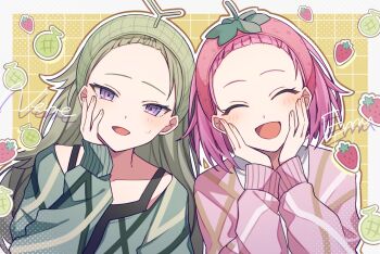 2girls :d ^_^ bangs_pinned_back black_tank_top border brown_outline character_name closed_eyes commentary_request dated_commentary food fruit green_hair green_hairband green_jacket grid_background hairband hand_on_own_face hand_up hands_on_own_face hands_up jacket kikutouji kusanagi_nene long_hair long_sleeves looking_at_viewer multiple_girls ootori_emu open_mouth outline outside_border pink_hair pink_hairband pink_jacket project_sekai purple_eyes short_hair smile strawberry tank_top upper_body white_border yellow_background