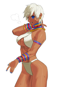 1girl arm_up armlet bikini blue_eyes blue_nails bracelet breasts commentary_request cowboy_shot criss-cross_halter dark-skinned_female dark_skin earrings elena_(street_fighter) from_side gold_earrings halterneck hand_on_own_neck hei_taiyou highres hoop_earrings jewelry large_breasts looking_at_viewer nail_polish neck_ring parted_lips short_hair simple_background solo street_fighter street_fighter_iii_(series) sweat swimsuit thighs underboob white_background white_bikini white_hair