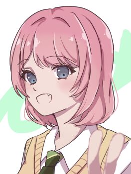 1girl alternate_hair_length alternate_hairstyle bang_dream! bang_dream!_it&#039;s_mygo!!!!! brown_sweater_vest chihaya_anon collared_shirt commentary fang grey_eyes haneoka_school_uniform highres looking_at_viewer medium_hair open_mouth pink_hair salted_butter_m school_uniform shirt solo sweater_vest upper_body white_background white_shirt