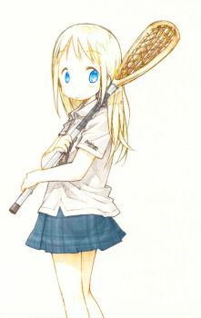 ana_coppola barasui blonde_hair blue_eyes collared_shirt colorized holding_lacrosse_stick ichigo_mashimaro lacrosse_stick long_hair shirt simple_background skirt solo third-party_source