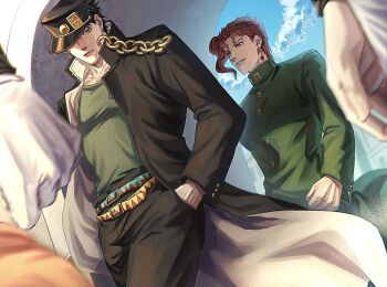 Rule 34 | 4boys, belt, black coat, black hair, black hat, black pants, blue eyes, blurry, blurry foreground, chain, cherry earrings, clenched hand, cloud, coat, commentary, day, depth of field, dutch angle, earrings, food-themed earrings, food themed earrings, gakuran, gloves, green coat, green shirt, hand in pocket, hat, hat over one eye, high collar, highres, jean pierre polnareff, jewelry, jojo no kimyou na bouken, joseph joestar, joseph joestar (old), kakyoin noriaki, kuujou joutarou, long coat, male focus, multiple belts, multiple boys, pants, peaked cap, pur ple02imo, purple eyes, red hair, school uniform, shirt, sky, stardust crusaders, triangle print, white gloves