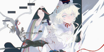 1girl absurdres blonde_hair blue_eyes bracelet branch closed_mouth commission crossed_bangs curtains hai_yexing_ren hair_between_eyes hair_intakes hat highres japanese_clothes jewelry layered_sleeves long_hair long_sleeves looking_afar mihuashi_commission multiple_views original sidelocks sitting smile watermark