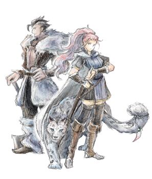 1boy 1girl black_hair blue_eyes boots brown_boots cape closed_mouth commentary cosplay costume_switch fur_collar h'aanit_(octopath_traveler) high_ponytail highres holding holding_weapon linde_(octopath_traveler) long_hair looking_at_viewer mature_male octopath_traveler octopath_traveler_i olberic_eisenberg pink_hair ponytail qqqqqli simple_background snow_leopard standing symbol-only_commentary tail weapon white_background white_cape