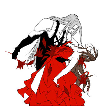 Rule 34 | 1boy, 1girl, aerith gainsborough, aerith gainsborough (red dress), arm around waist, armor, bare arms, bare shoulders, black coat, black gloves, breasts, brown hair, chest strap, cleavage, closed eyes, coat, cowboy shot, dip (dance move), dress, falling petals, final fantasy, final fantasy vii, final fantasy vii remake, flamenco dress, flower, frilled dress, frills, gloves, grey hair, hair flower, hair ornament, hair ribbon, highres, holding, holding flower, kaciart, long hair, looking at another, medium breasts, official alternate costume, parted bangs, parted lips, pauldrons, petals, red dress, red flower, red petals, red ribbon, ribbon, sephiroth, shoulder armor, side slit, strapless, strapless dress, white background