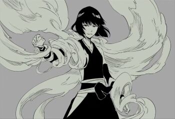 1girl bleach bleach:_sennen_kessen-hen breasts commentary_request cowboy_shot greyscale kudou_masashi making-of_available monochrome short_hair sideless_kimono small_breasts smile solo sui-feng video_crop