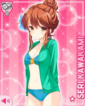 1girl bikini blue_bikini brown_eyes brown_hair card_(medium) character_name embarrassed flower girlfriend_(kari) green_hoodie hair_flower hair_ornament hood hooded_jacket hoodie jacket kawakami_seri looking_at_viewer navel official_art pink_background qp:flapper raised_inner_eyebrows solo swimsuit