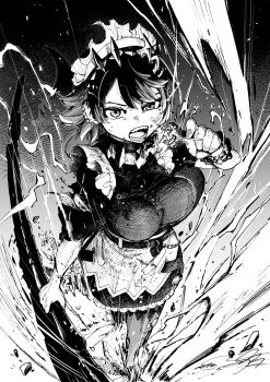 1girl black_hair bouncing_breasts breasts candy debris earrings ellen_joe fins fish_tail food frilled_wristband greyscale hairband highres holding holding_candy holding_food holding_lollipop holding_weapon jewelry lollipop looking_at_viewer maid_headdress metal_hairband mole mole_under_eye monochrome moriseishiro_(uroshiiserimo) nail_polish open_mouth razor_blade_hair_ornament scar scar_on_tail shark_girl shark_tail sharp_teeth short_hair solo sparkle spiked_headband tail teeth tongue torn_clothes weapon zenless_zone_zero