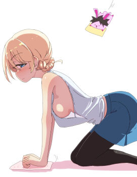 1girl all_fours black_pantyhose blonde_hair blue_eyes blue_skirt blush braid breasts closed_mouth darjeeling_(girls_und_panzer) girls_und_panzer hanging_breasts jinguu_(4839ms) large_breasts looking_at_viewer miniskirt no_bra pantyhose school_uniform shirt sideboob simple_background skirt smile solo st._gloriana&#039;s_school_uniform white_background white_shirt
