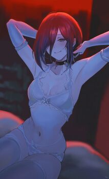 1girl absurdres armpits arms_up black_choker bra breasts chainsaw_man choker elbow_gloves gloves green_eyes grenade_pin highres navel panties purple_hair reze_(chainsaw_man) small_breasts smile solo thighhighs underwear white_bra white_gloves white_panties white_thighhighs yato_(yama0x1)