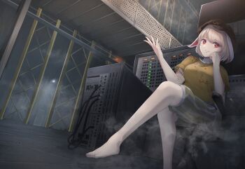 1girl animal_ears arm_up bad_id bad_pixiv_id bare_legs barefoot blonde_hair breasts cacao_devil catwalk chair commentary_request elbow_rest female_focus flat_cap floppy_ears foot_out_of_frame from_below hat head_rest highres indoors leg_lift looking_at_viewer medium_breasts parted_lips rabbit_ears red_eyes ringo_(touhou) server_(computer) shirt short_hair short_sleeves shorts sitting smile smoke solo striped_clothes striped_shorts swept_bangs touhou warehouse yellow_shirt