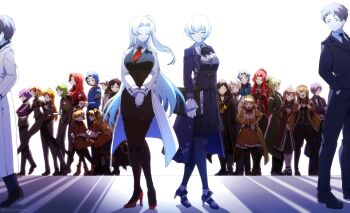 6+boys 6+girls :d ahoge angela_(project_moon) armband artist_name ascot ayin_(project_moon) behind_another binah_(project_moon) black_ascot black_coat black_dress black_hair black_jacket black_necktie black_pab black_pants black_pantyhose black_shoes black_suit blonde_hair blue_coat blue_hair book boots brown_boots brown_hair chesed_(project_moon) closed_eyes coat coffee_mug commentary_request cup curtained_hair dress dual_persona formal_clothes geburah_(blue_archive) green_hair grey_armband hand_in_pocket hand_on_own_hip high_heels highres hod_(project_moon) hokma_(project_moon) holding holding_book holding_cup jacket jumping lab_coat library_of_ruina lobotomy_corporation long_coat long_hair long_sleeves looking_at_another looking_to_the_side malkuth_(project_moon) medium_hair mug multiple_boys multiple_girls necktie netzach_(project_moon) official_alternate_costume official_alternate_hairstyle open_mouth pants pantyhose ponytail project_moon purple_armband purple_hair red_armband red_necktie red_shoes roland_(project_moon) scar scar_on_face shadow shoes short_hair siblings sidelocks smile standing suit suit_jacket temari_momiji tiphereth_a_(project_moon) tiphereth_b_(project_moon) walking walking_away white_ascot white_coat white_hair yellow_armband yesod_(project_moon)