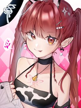 Rule 34 | 1girl, :p, aegyo sal, animal ears, argyle background, bare shoulders, bell, black choker, black nails, braid, breasts, butterfly tattoo, chest tattoo, chinese commentary, choker, cleavage, closed mouth, collarbone, commentary request, crop top, cross-laced clothes, dongfang zhizi, drop shadow, earrings, fake animal ears, fingernails, gradient background, hair intakes, hair ornament, hairclip, hairpin, halterneck, hand up, heart, highres, jewelry, lone nape hair, long hair, long sleeves, looking at viewer, nail polish, neck bell, necklace, off shoulder, orange eyes, pink background, pink tattoo, pointy ears, pom pom (clothes), pom pom earrings, rabbit ears, red hair, sleeves past wrists, smile, solo, sparkle hair ornament, spoken heart, sundayxiye, tattoo, tongue, tongue out, twintails, twintails with braided base, upper body, utau, variant set