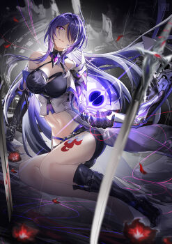 1girl absurdres acheron_(honkai:_star_rail) black_gloves black_shorts breasts cleavage commentary_request crop_top flower gloves hair_intakes hair_over_one_eye highres honkai:_star_rail honkai_(series) katana large_breasts leg_tattoo looking_at_viewer midriff navel parted_lips purple_eyes purple_hair red_flower short_shorts shorts single_bare_shoulder sitting solo stomach sword tattoo thighs tongyu weapon