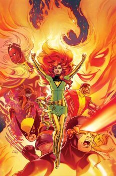 2girls 4boys arm_hair arms_up black_leotard blue_hair blue_skin bodysuit boots cheekbones claws clenched_teeth colored_skin colossus_(x-men) comic_cover commentary covered_abs cowl cyclops_(x-men) demon_tail dual_persona elbow_gloves english_commentary fire floating_hair gloves gold_boots gold_gloves green_bodysuit grin highres husband_and_wife initial jean_grey leotard long_hair marvel multiple_boys multiple_girls muscular muscular_male nightcrawler o-ring_leotard official_art open_mouth phoenix_(x-men) pointy_ears red_hair russell_dauterman sash scott_summers short_hair smile storm_(x-men) superhero_costume tail teeth thigh_boots white_hair wolverine_(x-men) x-men yellow_sash