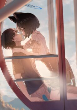 1boy 1girl absurdres alternate_costume animal_ears black_hair blue_archive breasts casual cat_ears cat_girl cat_tail cloud eye_contact face-to-face ferris_wheel frills halo hand_on_another's_neck hetero highres imminent_kiss kikyou_(blue_archive) looking_at_another multiple_tails pizza_(pizzania_company) sensei_(blue_archive) short_hair tail two_tails