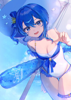 1girl absurdres alternate_costume bare_shoulders beach_umbrella blue_choker blue_eyes blue_hair breasts choker cleavage commentary english_commentary frilled_thigh_strap hat hieno_hiro highres hololive holonatsu_paradise hoshimachi_suisei looking_at_viewer medium_breasts one-piece_swimsuit open_mouth smile solo star_(symbol) star_choker sun_hat swimsuit thigh_strap umbrella virtual_youtuber white_one-piece_swimsuit