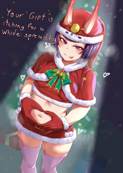 1girl absurdres bell breasts capelet commentary dress english_commentary english_text fate/grand_order fate_(series) fur-trimmed_capelet fur-trimmed_gloves fur-trimmed_headwear fur_trim gloves hands_on_own_stomach hat heart hectaryecgaa highres horns looking_at_viewer midriff navel oni purple_eyes purple_hair red_capelet red_gloves red_hat santa_costume santa_dress santa_hat shuten_douji_(fate) small_breasts smile thick_thighs thighhighs thighs tongue tongue_out